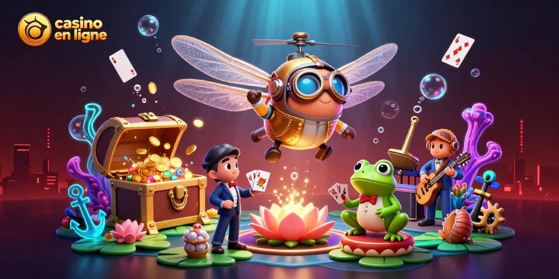 Illustration originale de casino en ligne avec un pilote hélicoptère et un croupier grenouille