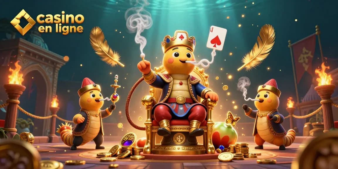 Gagnez au casino en ligne avec cette illustration de maître narghilé en tenue de sultan, des symboles de poker flottants.