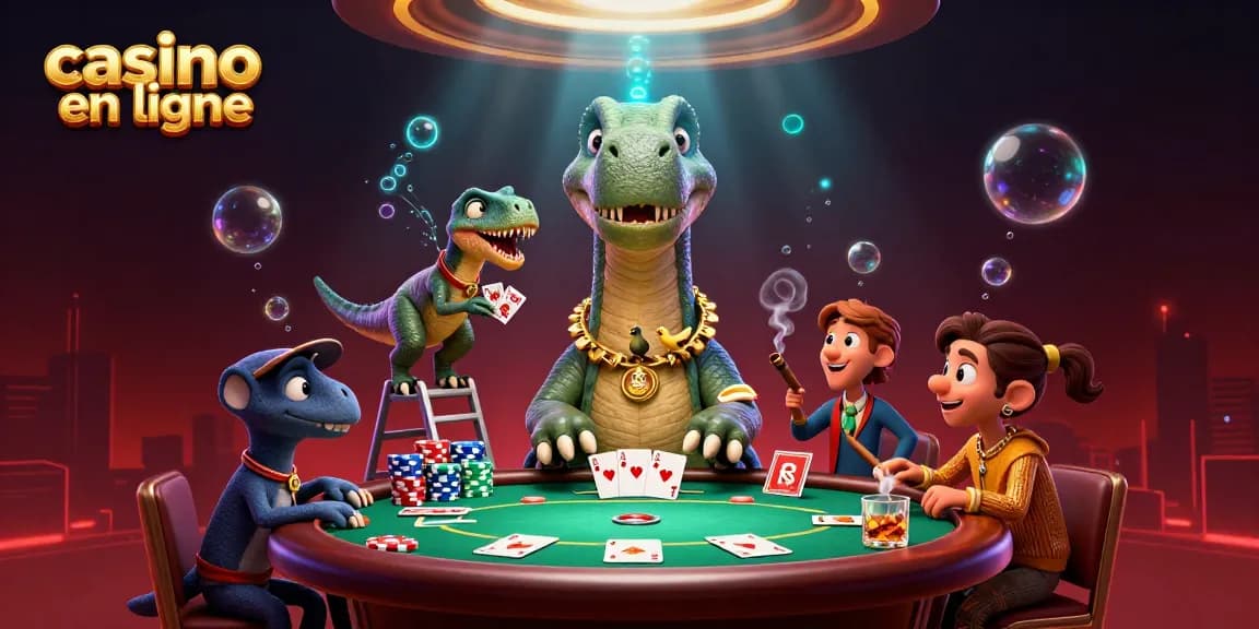 Illustration dynamique de casino en ligne, avec un brontosaure et un raptor jouant aux cartes.