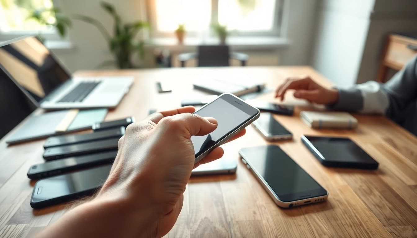 We buy old phones with hands inspecting devices on a wooden table in a bright workspace.