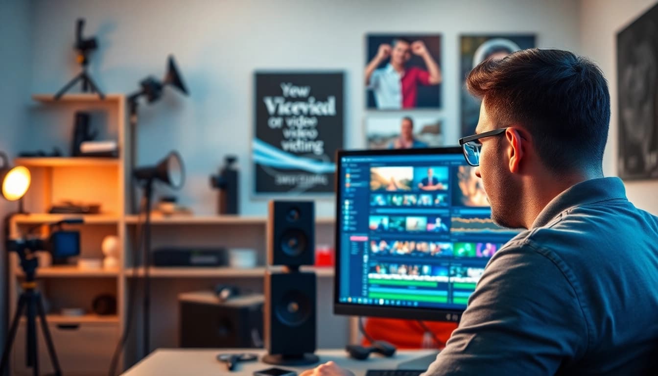 Engaging professional video editing services in a vibrant studio setting with a skilled editor at work.