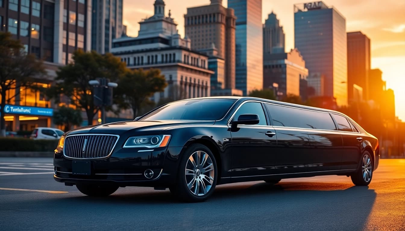 Experience luxury travel with https://www.canadalimotaxi.com featuring an elegant black limousine in a city setting.