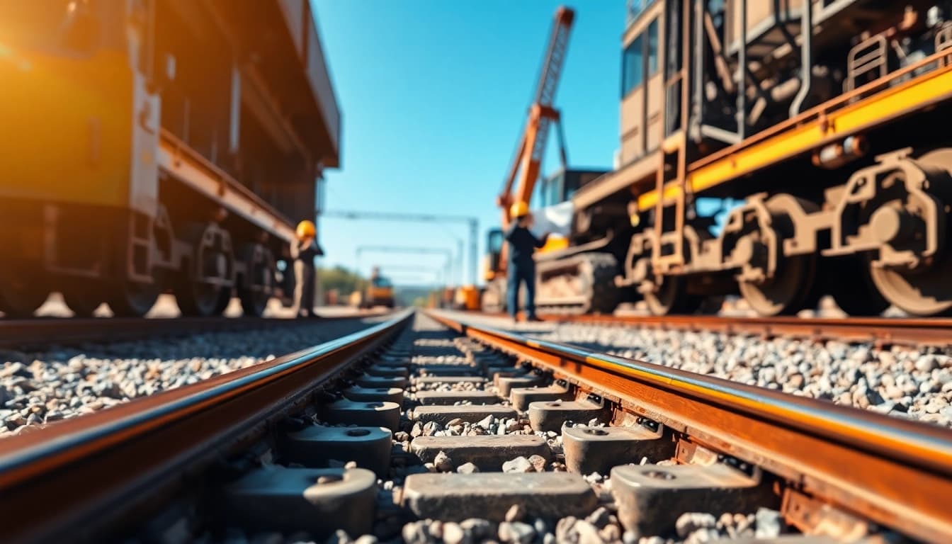 Engineers collaborating on railroad engineering at a construction site with tracks and machinery.