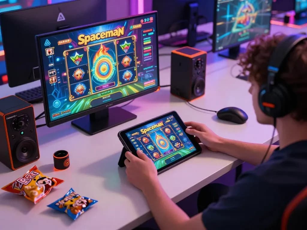 Player spinning the reels of the spaceman slot game on a tablet in a lively home gaming setup