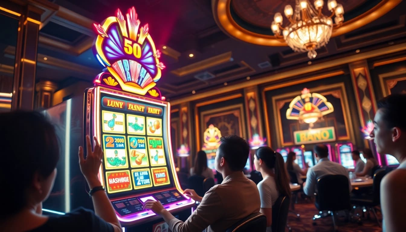 Menampilkan slot gacor yang menarik dengan latar belakang kasino yang semarak dan penuh warna.