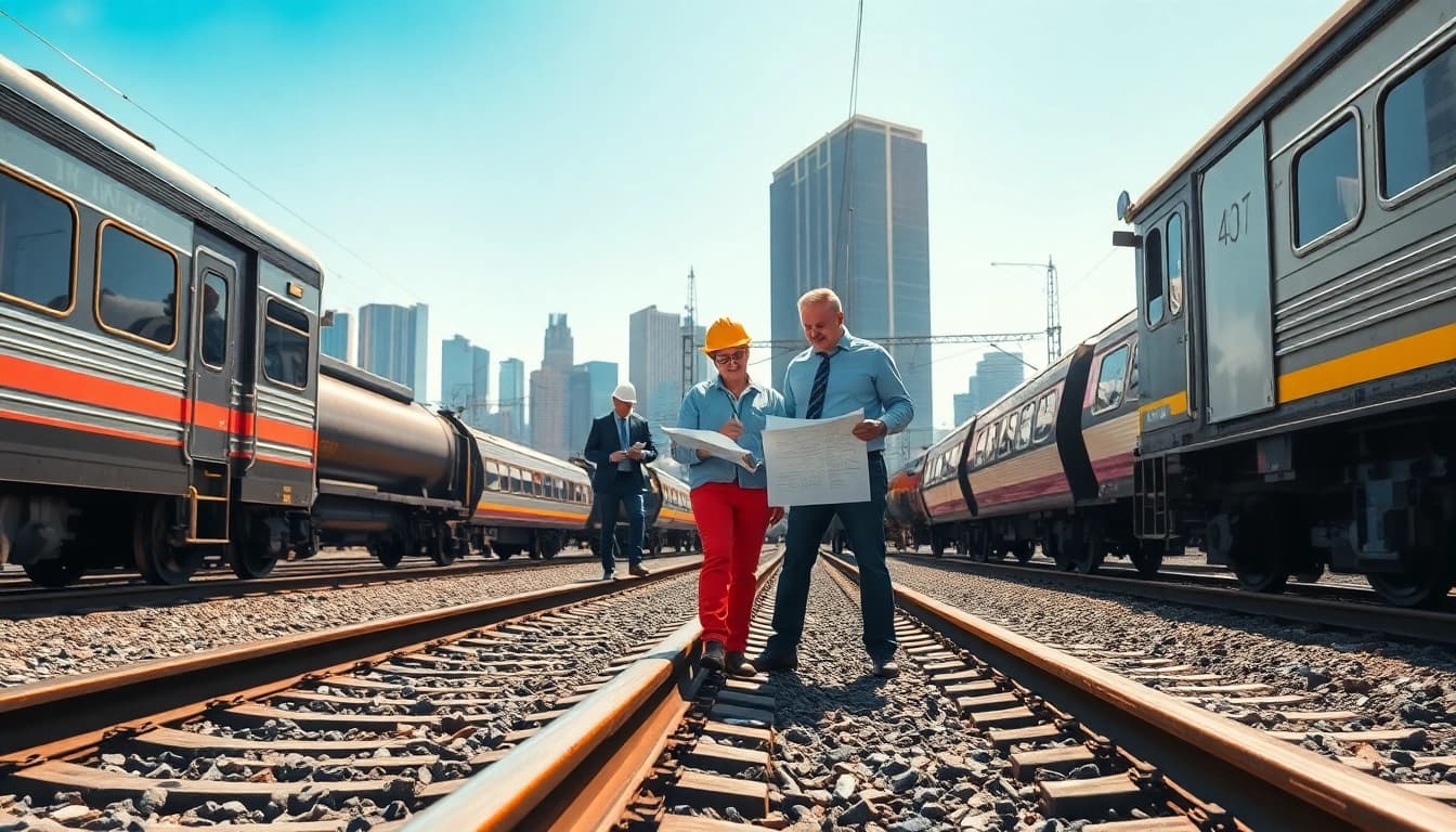 Engineers collaborating on railroad engineering project amidst trains and tracks in a vibrant urban setting.