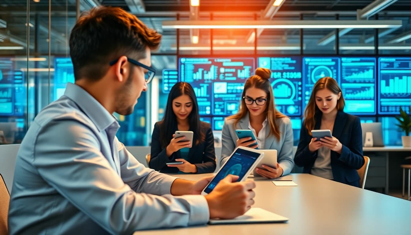 Engaging enterprise AI assistant technology enhancing collaboration in a modern office.