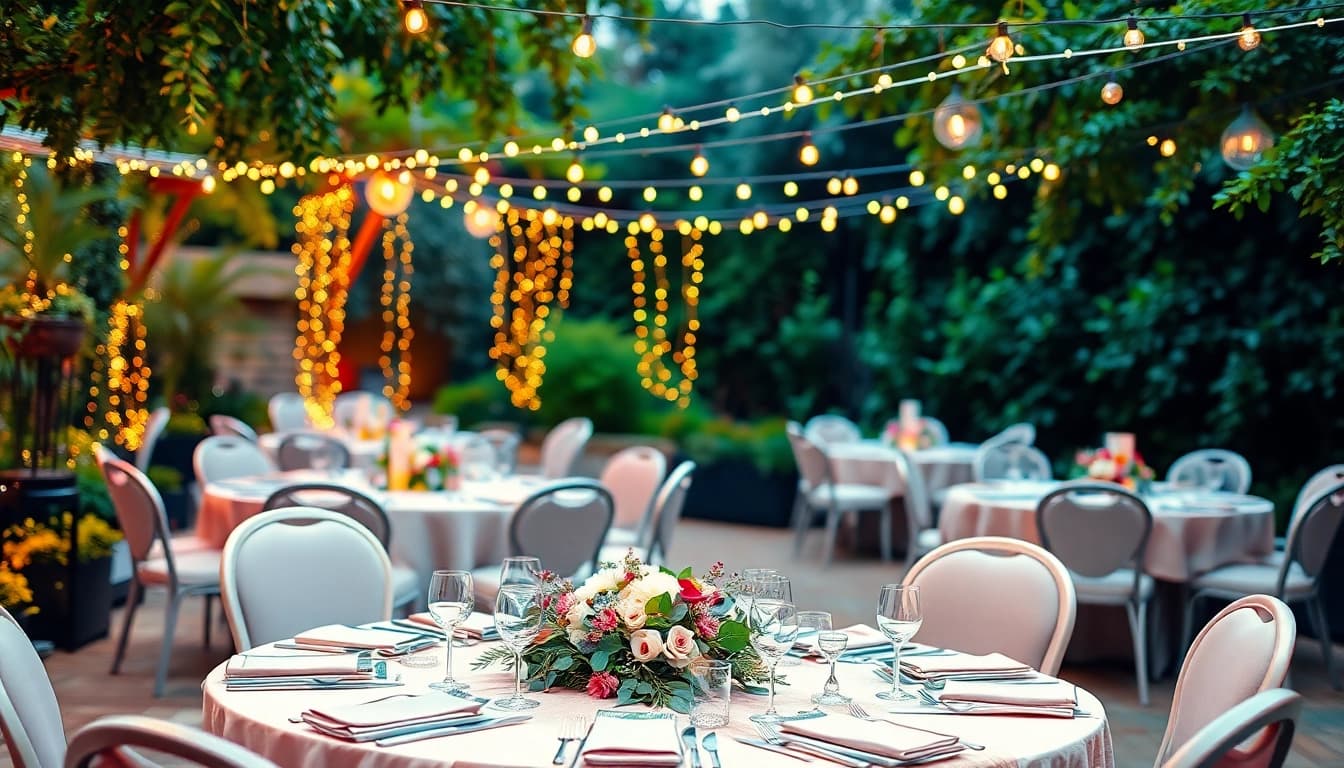 Event Furniture Rentals with elegant outdoor seating and table arrangements in a lush garden.