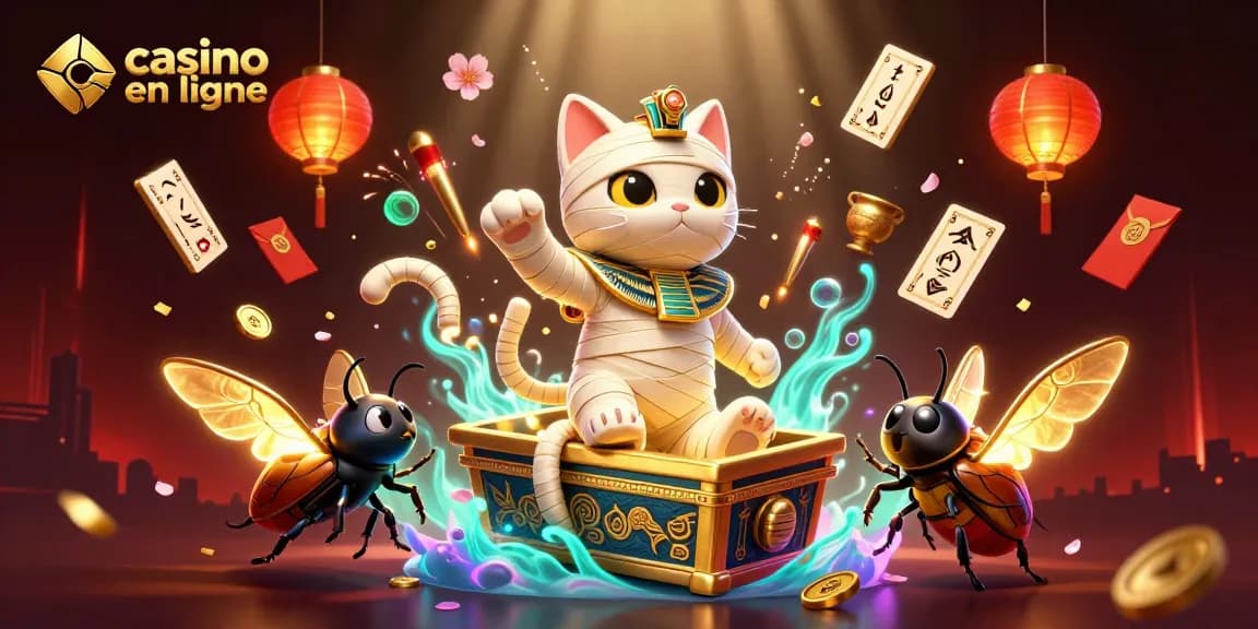 Jouez à casino en ligne avec un chat momie égyptien et un scarabée dans un casino pyramidal.