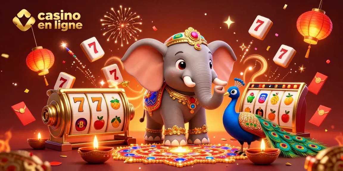 Imaginez une célébration colorée autour d'un casino en ligne avec des éléments de jeu riches.