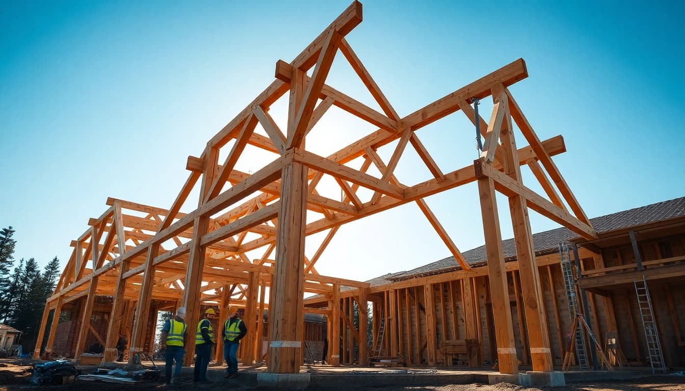 Structural Timber Frame construction highlighting skilled workers in action at a site.