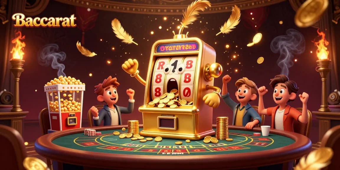 Baccarat scene with a golden slot machine celebrating a jackpot while players cheer, enriched with dynamic casino elements.