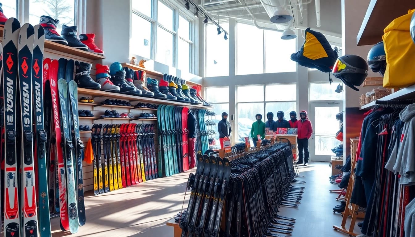 Browse diverse skiing gear at a ski shop featuring organized displays and bright lighting.