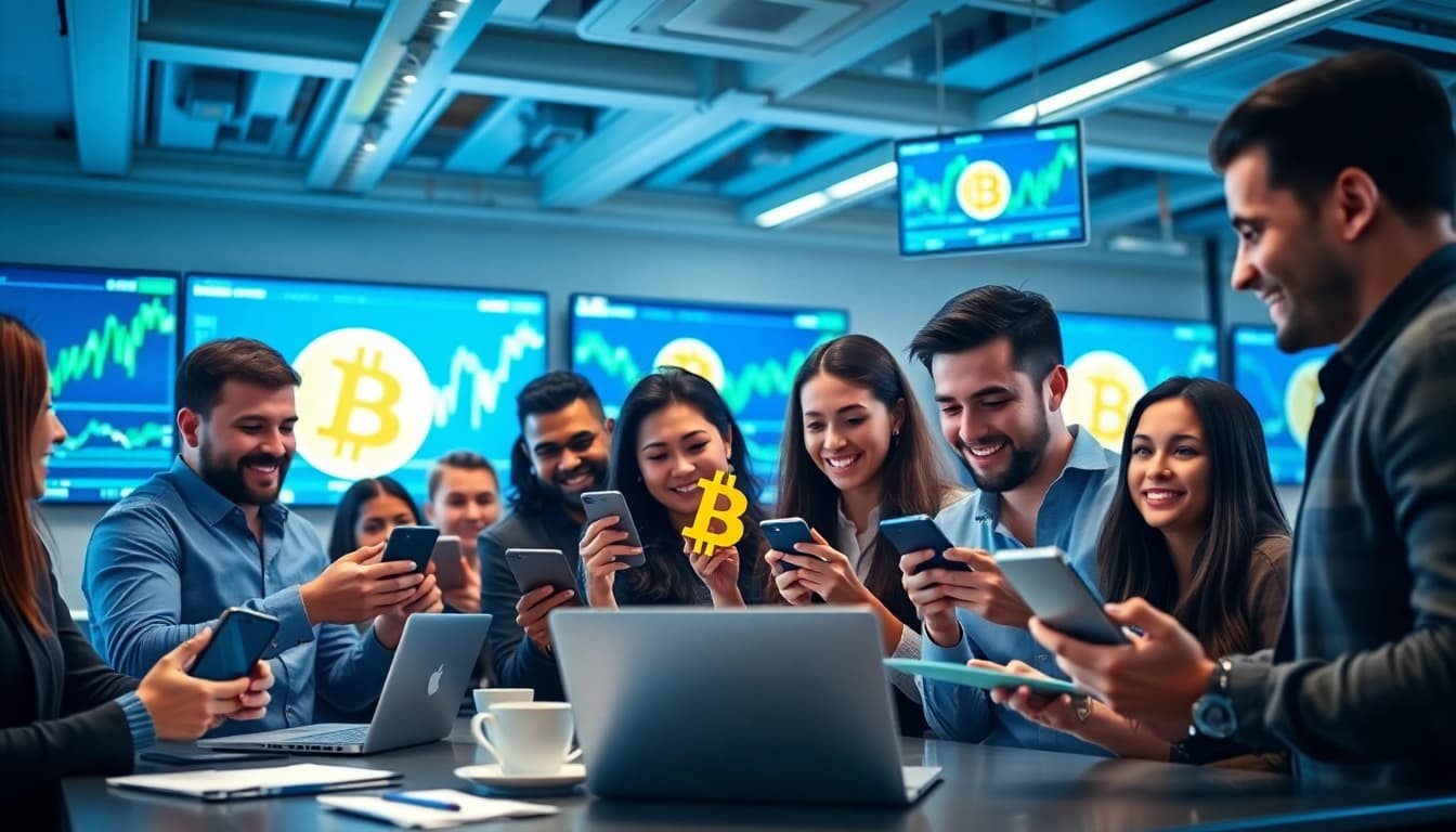 Acheter bitcoin en toute sécurité avec une équipe enthousiaste utilisant des ordinateurs portables.