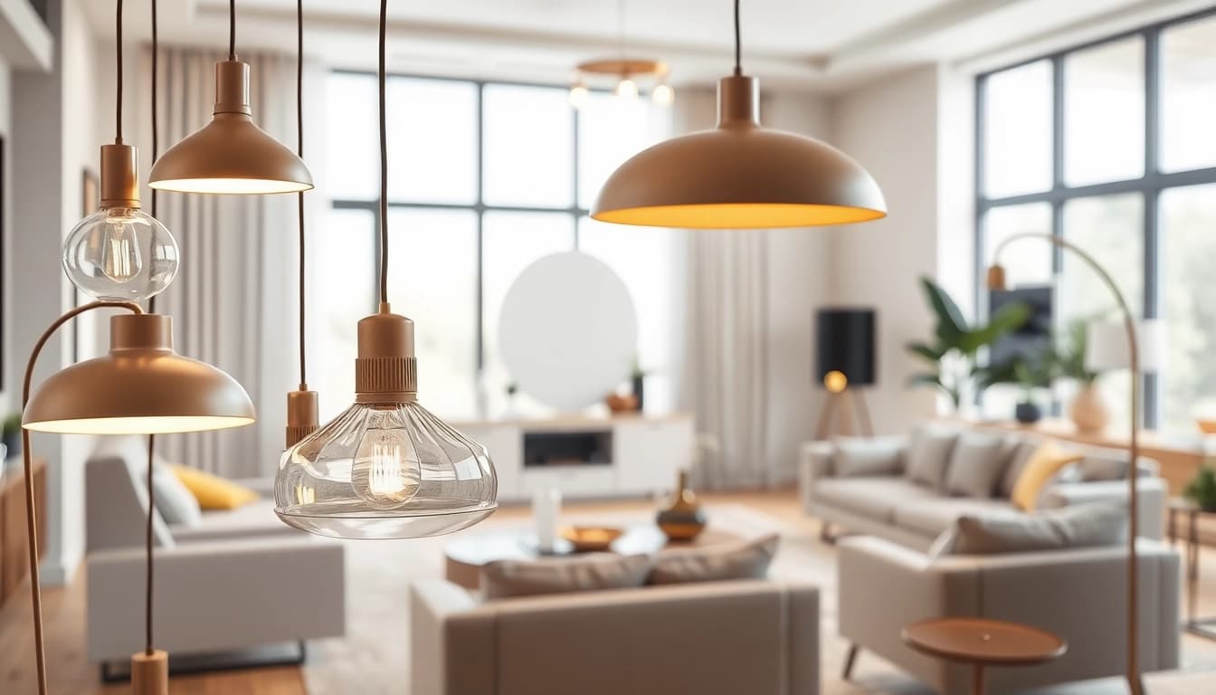 Shop ModernLighting with stylish fixtures illuminating a cozy living room setup.