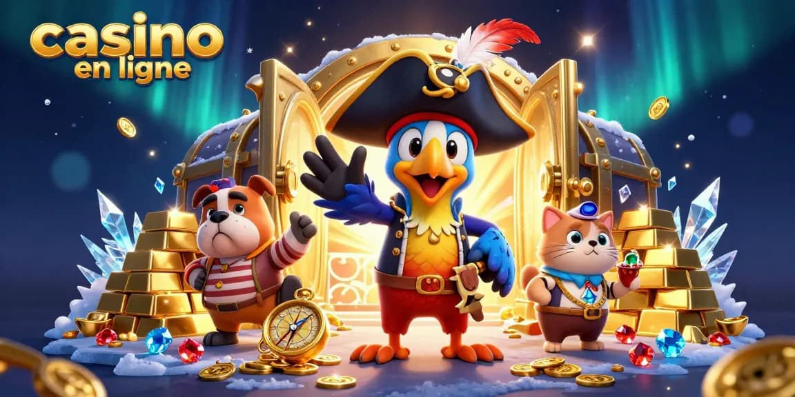 Les personnages colorés dans un casino en ligne révèlent des trésors, des jeux et des lumières éblouissantes.