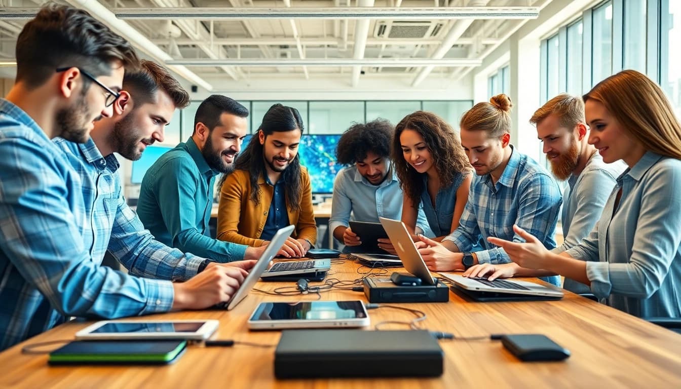Explore how Technology fosters collaboration in a modern workspace filled with innovation.