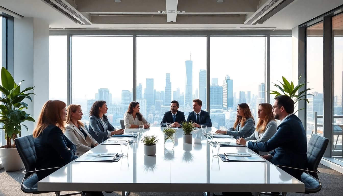 Business professionals collaborating in a modern office environment during a meeting.