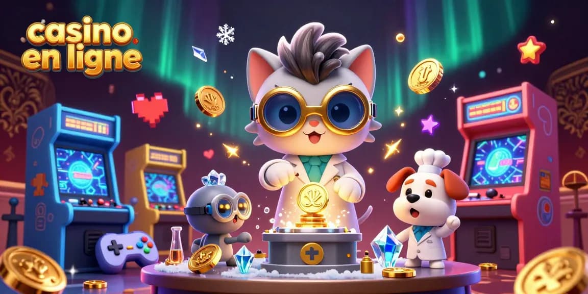 jouez au casino en ligne avec une scène dynamique de scientifiques et des machines à sous colorées