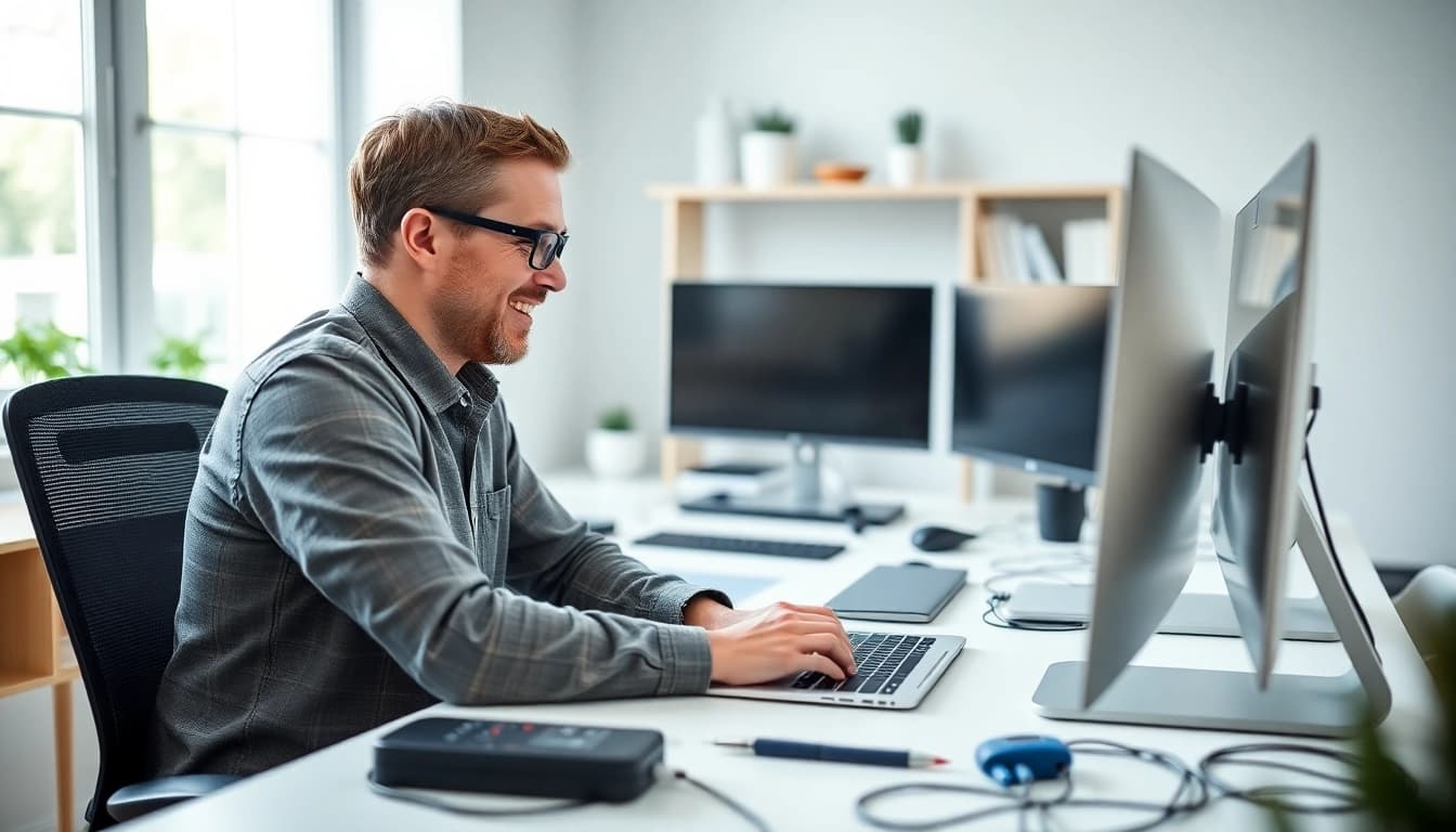 Seek Computer help near me with a technician assisting a client in a bright home office.