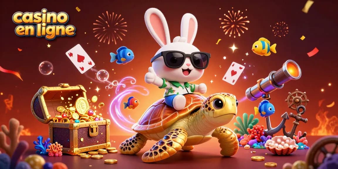 Une illustration dynamique de casino en ligne avec un lapin chanceux et une tortue géante illuminée.