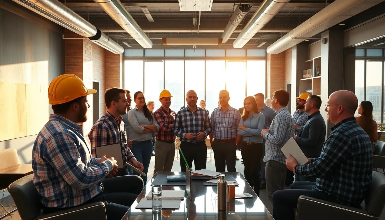 Engaged members of a construction association South Carolina in a modern meeting space.