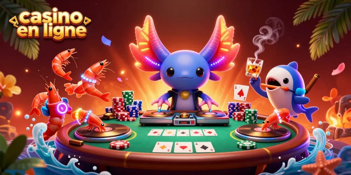 Vibrante illustration d'un DJ axolotl animant une soirée, avec des éléments de casino en ligne, et des crevettes dansantes.