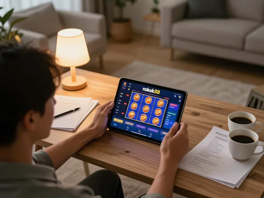 Engaging moment of playing rokok88 slot game on tablet in a cozy home setting.