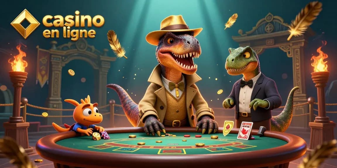 Illustration d'un casino en ligne avec un vélociraptor, un pit boss stégosaure et un pickpocket compy.