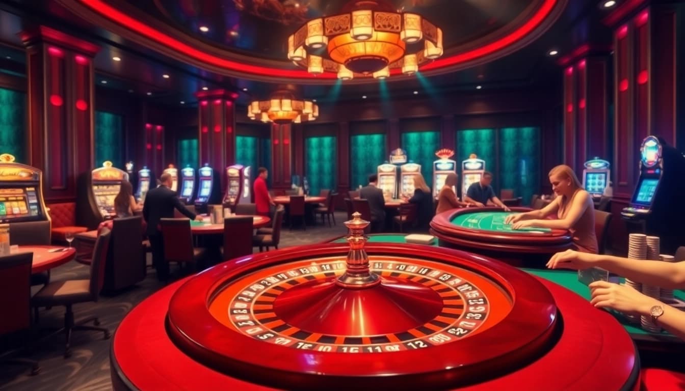 Gamble with excitement at https://kkwinzz.com/ showcasing a luxurious casino scene filled with roulette and poker elements.
