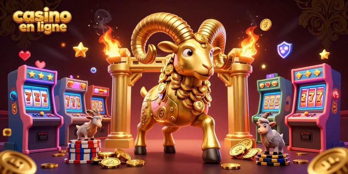 Immersion dans le monde du casino en ligne avec un bélier doré chargeant au milieu des couleurs vives.