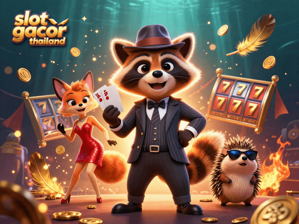 Engaging scene of 'slot gacor thailand' featuring a suave raccoon and a fox lady with rich gambling elements.