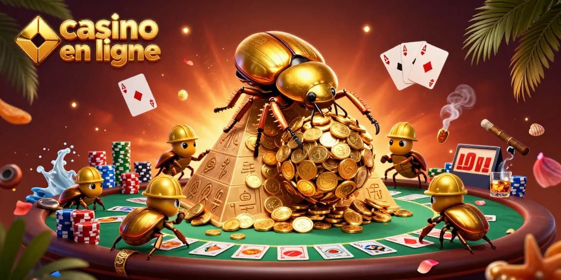 Profitez du casino en ligne dans une scène riche avec des scarabées d'or et des symboles de jeu.