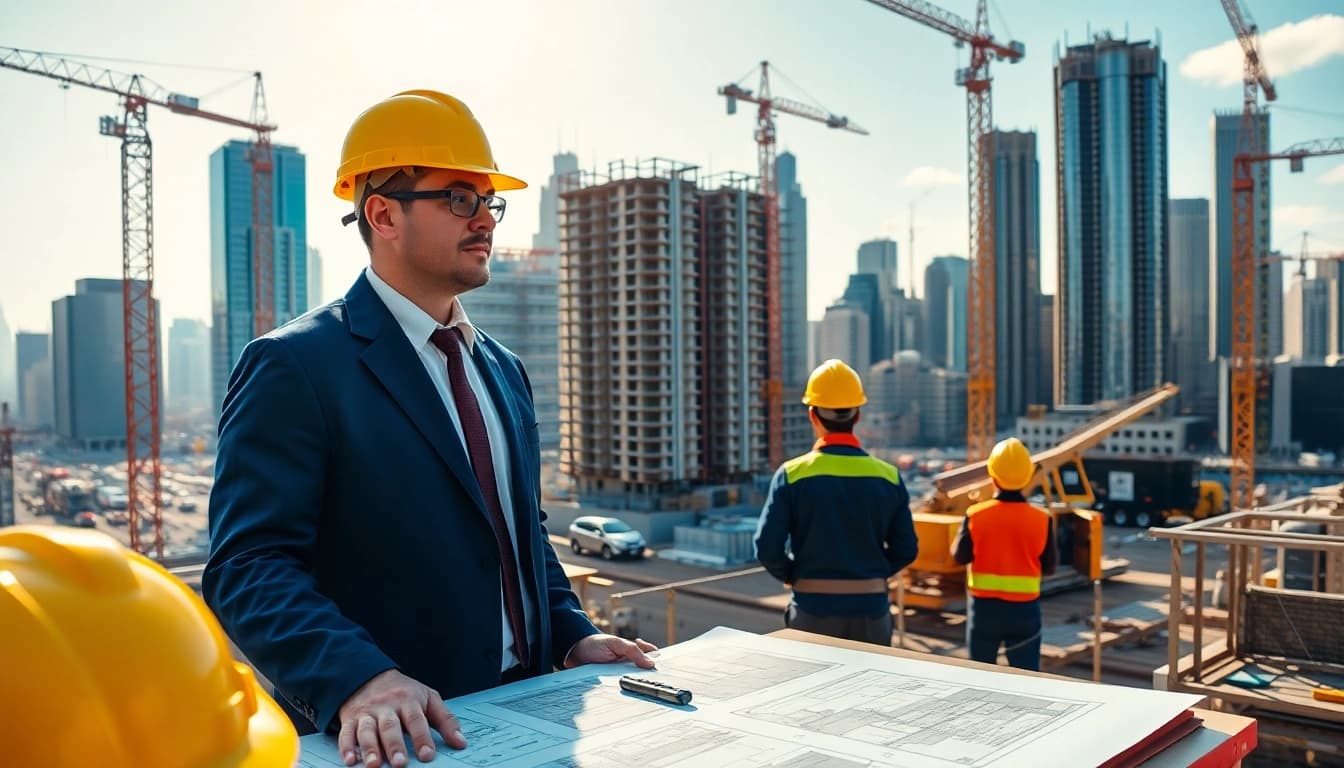 New York City Construction Manager supervising a busy construction site with workers and machinery.