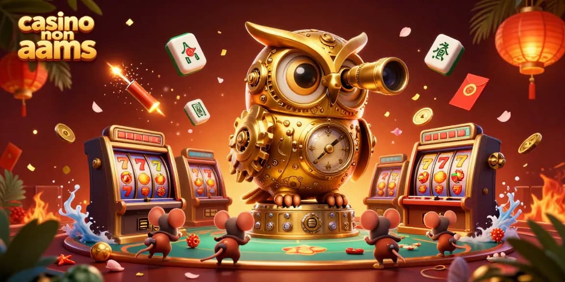 Scopri i casinò non AAMS, con un gufo meccanico e topi tra slot d'oro, in un'illustrazione vivace.