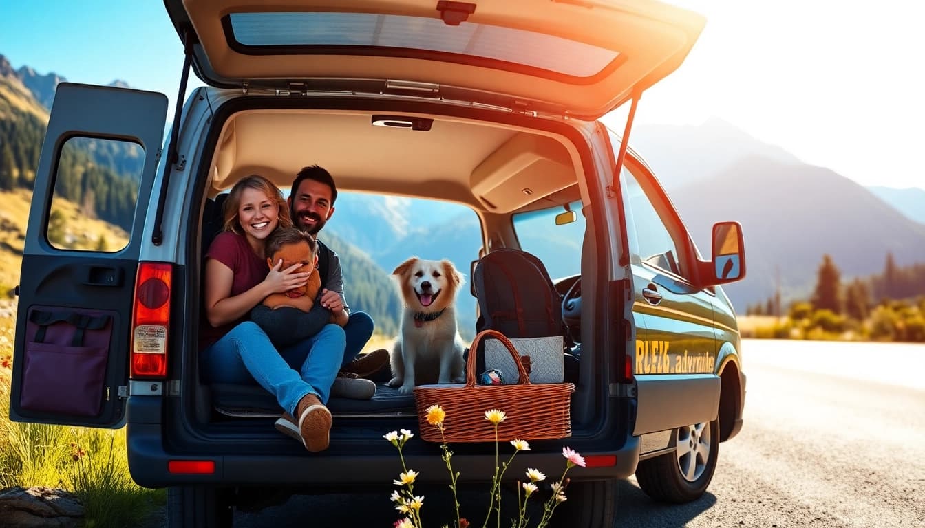 Family on a road trip adventure at https://fernweh-abenteuer.de with a scenic mountain backdrop.