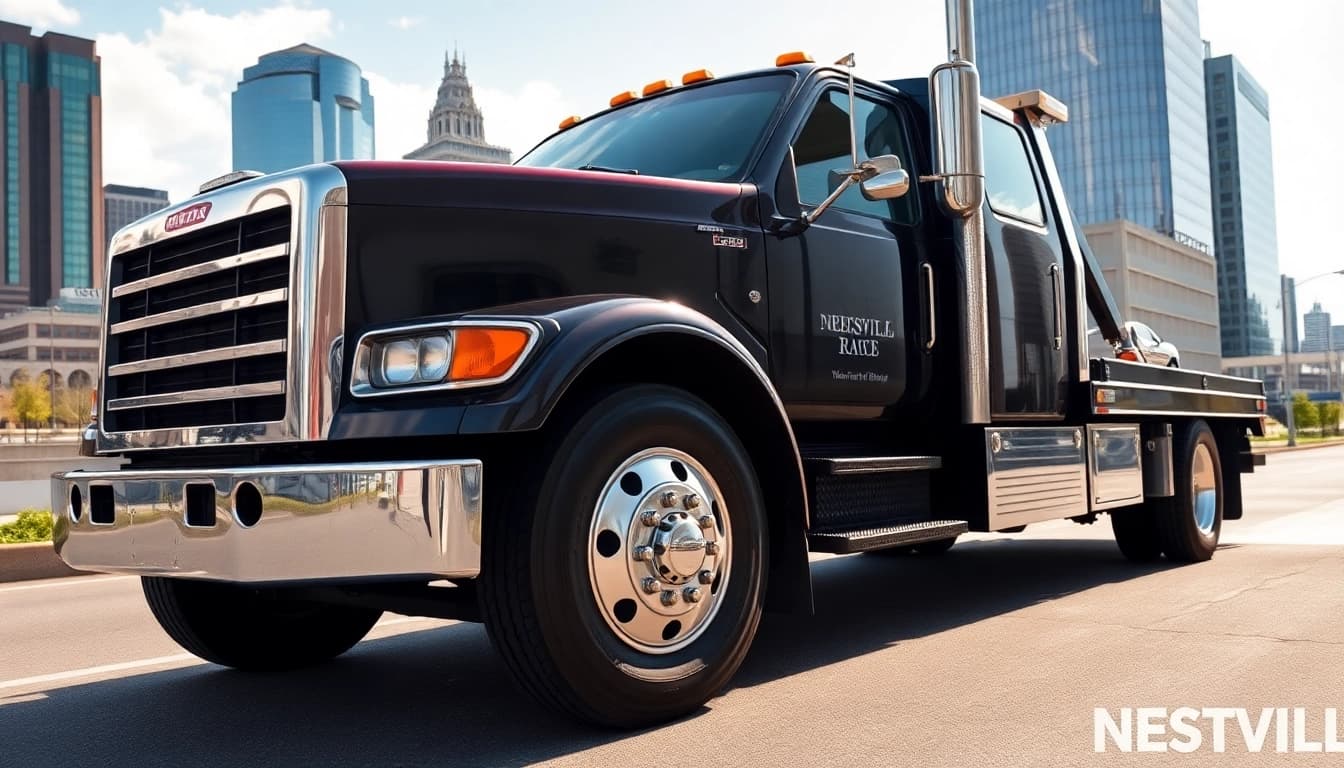 Flatbed towing Nashville service truck positioned vibrantly against the Nashville skyline.