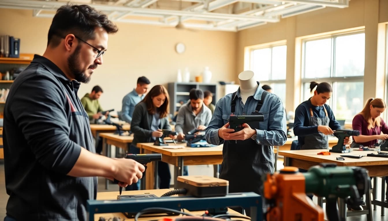 Students learning at trade schools in southern California in an engaging classroom.
