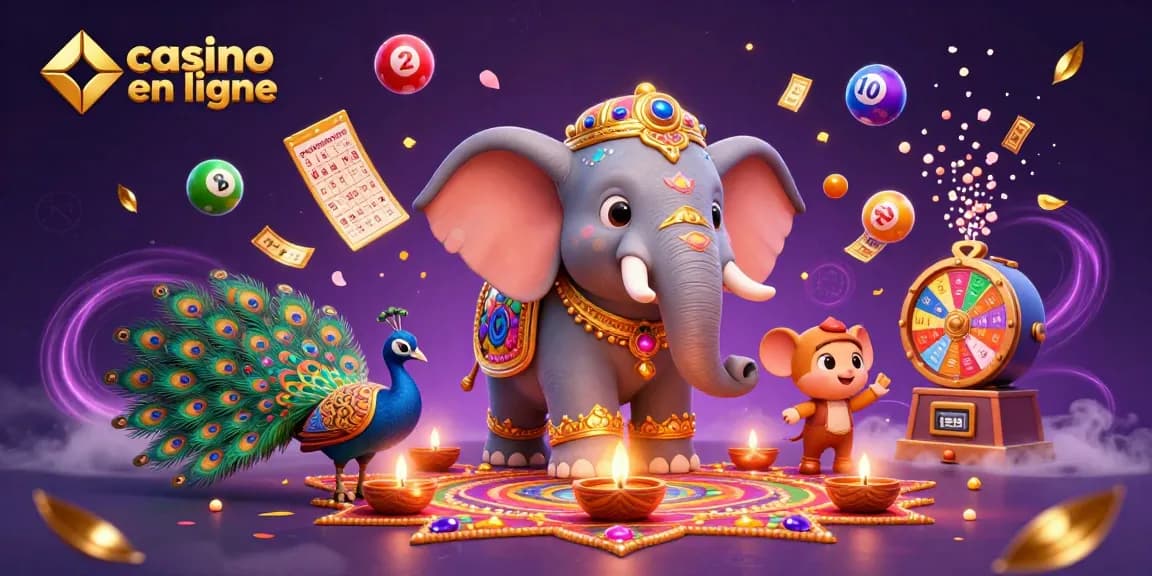 Jouer au casino en ligne avec un éléphant décoré et des éléments de loterie vibrants.