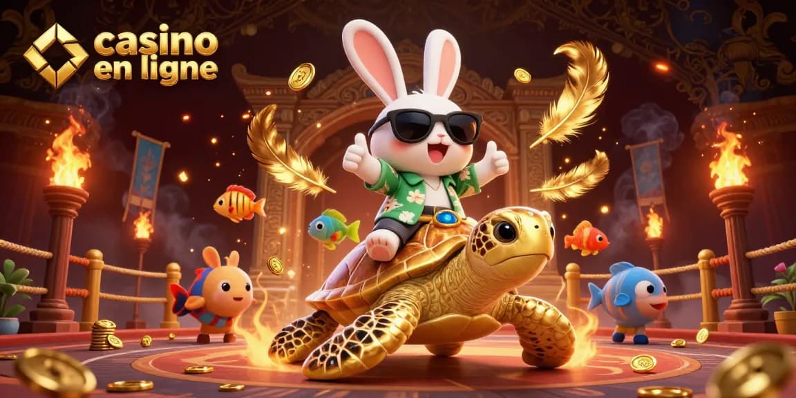 Profitez d'une ambiance festive au casino en ligne avec un lapin chanceux sur une tortue dorée.