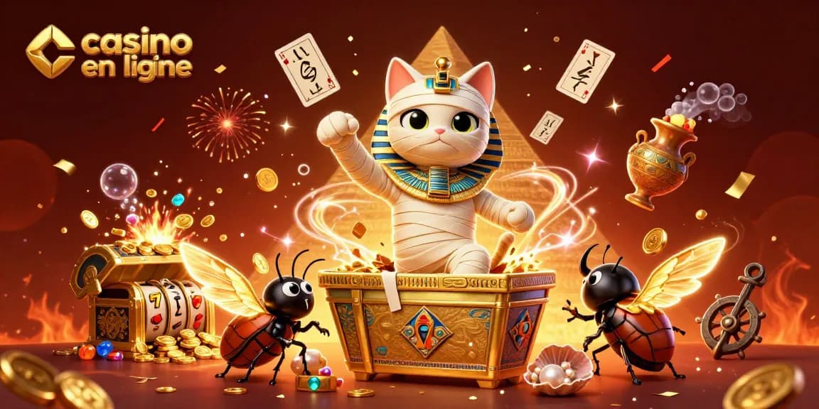 Jouez à des jeux de casino en ligne avec un chat momie égyptien dynamique dans un casino pyramidal.