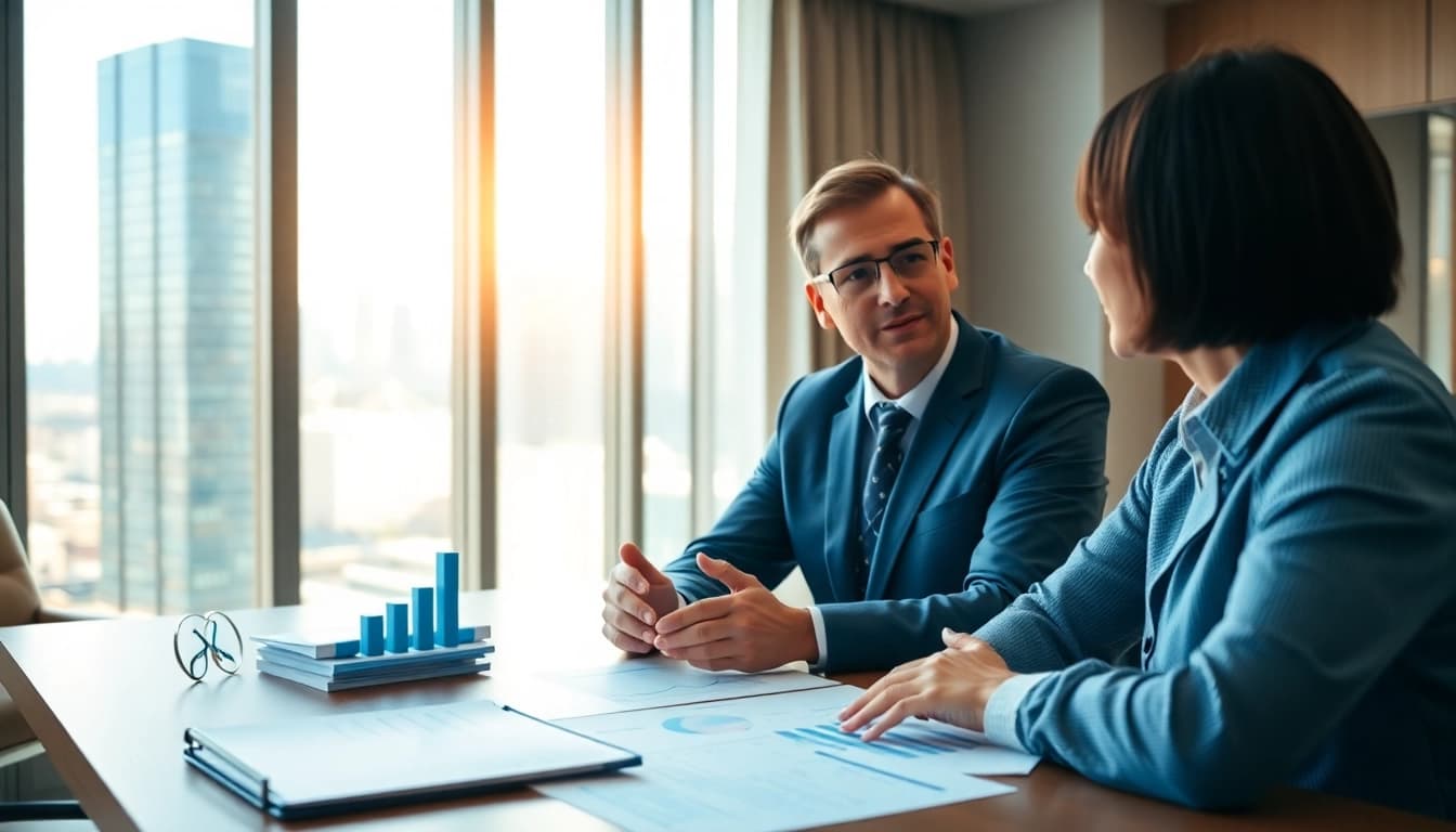 Engaging financial advisor consults with clients in Reston, VA office, showcasing professionalism.