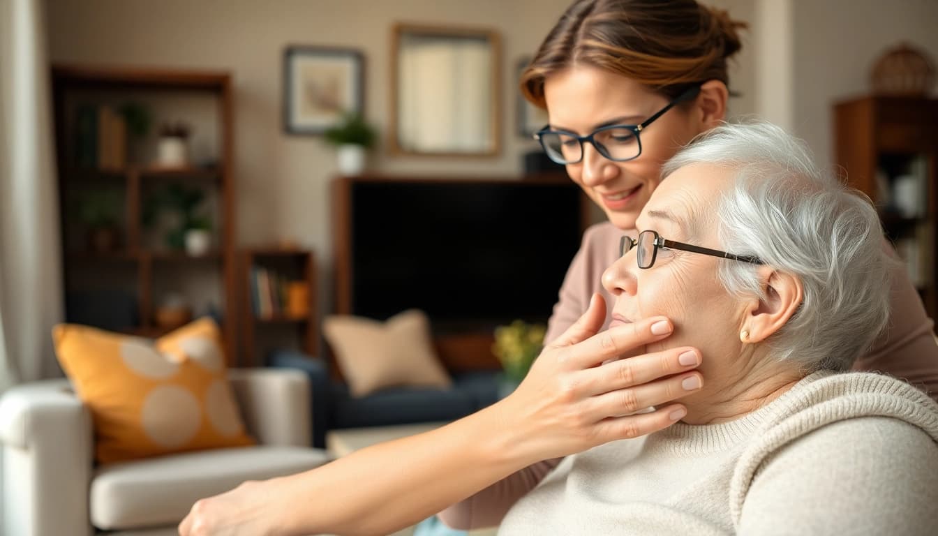 Caregiver assisting in home senior care with warmth and compassion in a cozy living room setting.