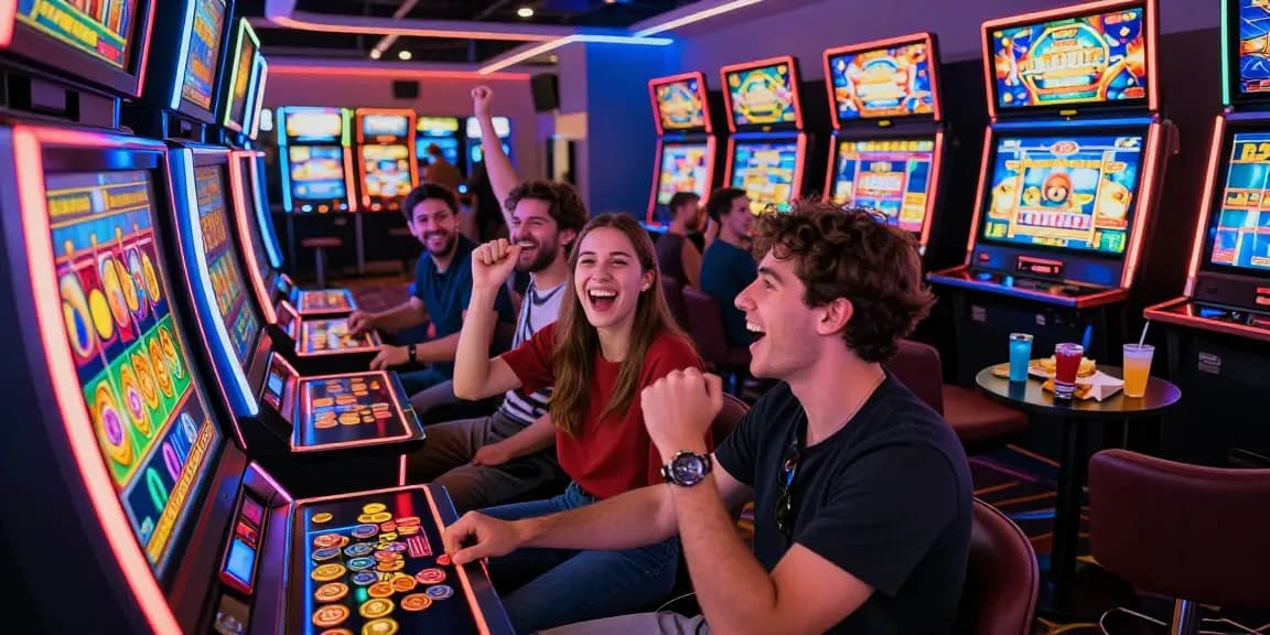 Friends enjoying the excitement of apk slot games in a lively casino arcade