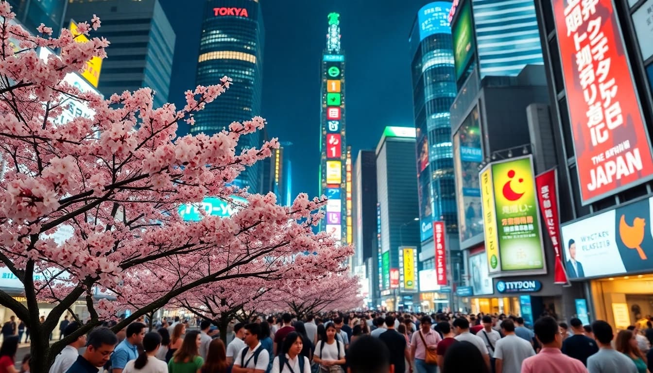 日本のトレンドトピックスを象徴する東京の夜の賑やかな街の風景