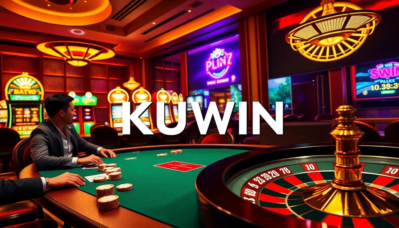Kuwin casino scene featuring an intense poker game with chips and cards, vibrant slot machines, and a roulette wheel.