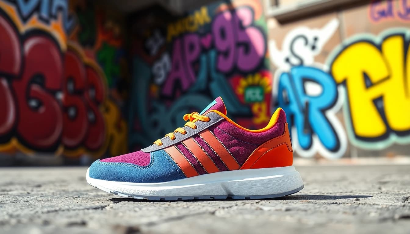 Les sneakers adidasfluxpascher.fr affichées avec énergie dans un cadre urbain coloré.