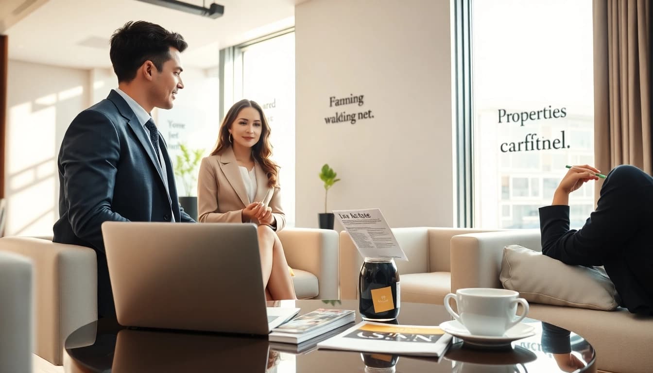 Bieten Sie Ihre Immobilien erfolgreich mit https://immobilienmakler-bester.de an, während ein professioneller Makler mit Kunden spricht.