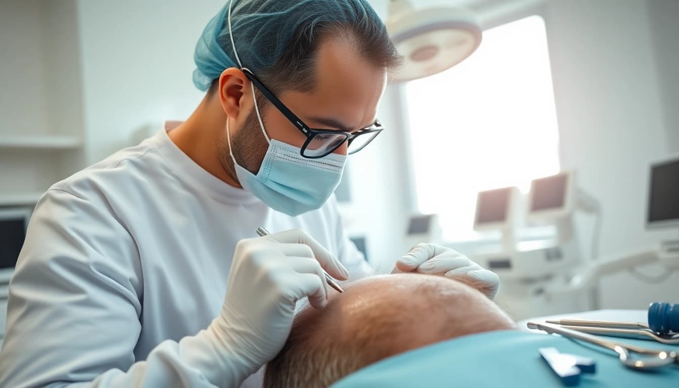 Surgeon performing a hair transplant turkey procedure in a modern clinic.
