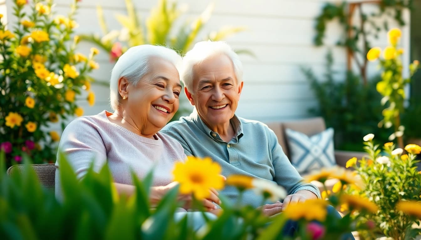 Engaged couple in a peaceful garden, symbolizing the caring essence of https://frontidas.com.